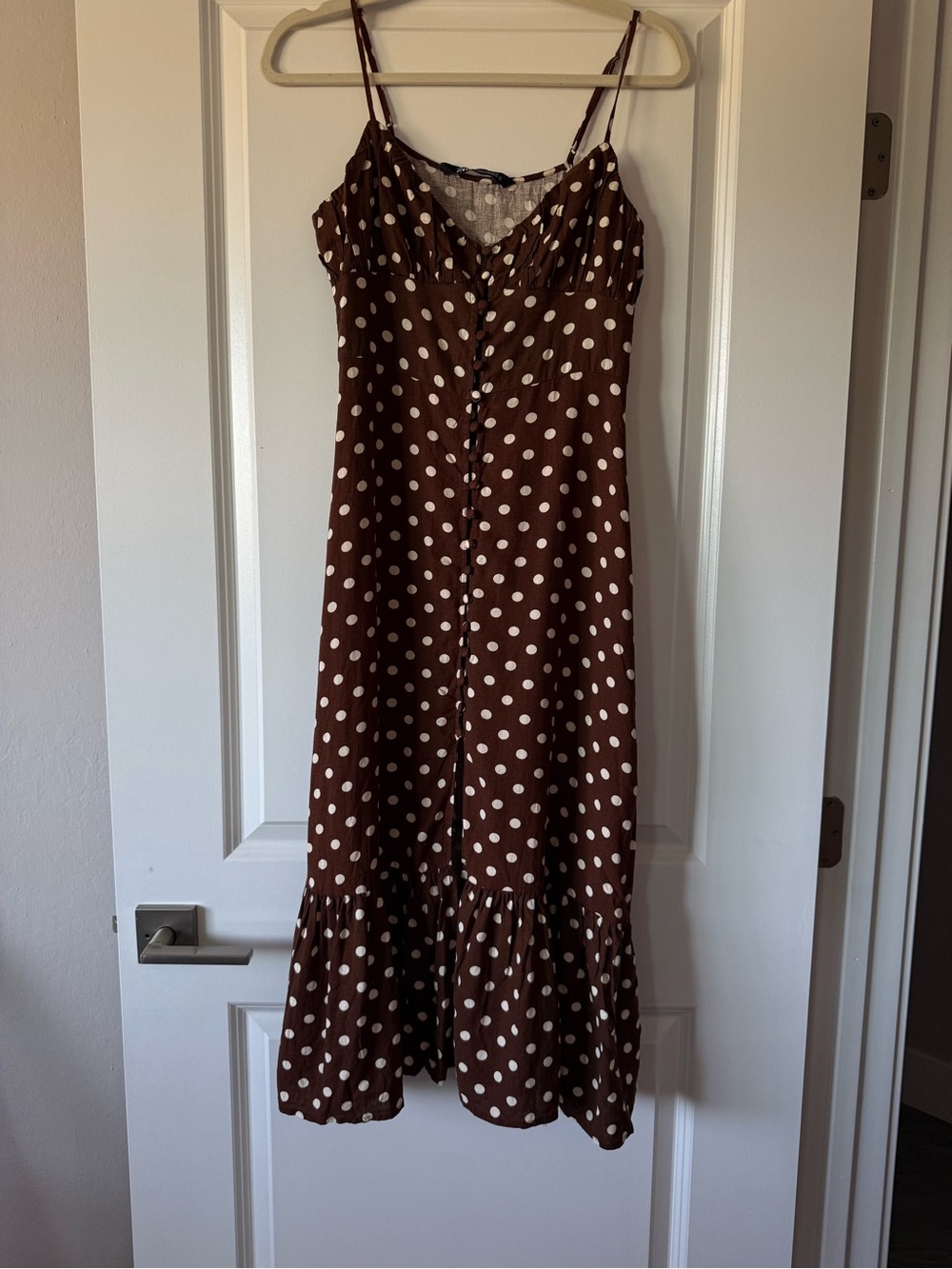 ZARA Brown Polka Dot Linen Blend Midi Dress